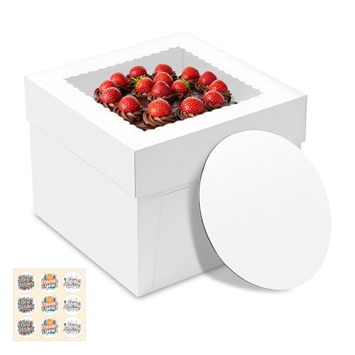 3 Pack Cake Boxes, 10x10x8 Inches Tall Cakes Box with Window, White Cake Boxes with Cakes Boards, Square Bakery Box, for Cake, Treat Cookie Dessert, Pastry, Birthday Party, Mother's Day, Weddings
