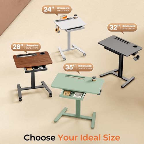 Image of Mobile Standing Desk with Drawer, 35 inch Small Standing Desk with Cup Holder, Rolling Laptop Cart on Wheels, Height Adjustable Table with Storage for Home Office, Sage Green