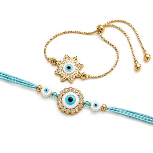 Image of eCraftIndia Handmade Crochet Evil Eye Bhaiya Bhabhi Rakhis with Best Bro Ever Fridge Magnet | Set of 2 Rakhi for Brother and Bhabhi | Lumba Rakhi | Roli Chawal Pack