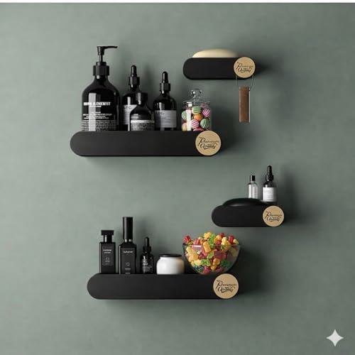 Image of RIOMAX Pack of 4 Bathroom Shelf for Wall, Self-Adhesive Bathroom Organiser, Wall Mounted Shelf, Kitchen Storage Racks, Soap Holder (Plastic, 2 Bathroom Shelves+ 2 Soap Holders) (Black)