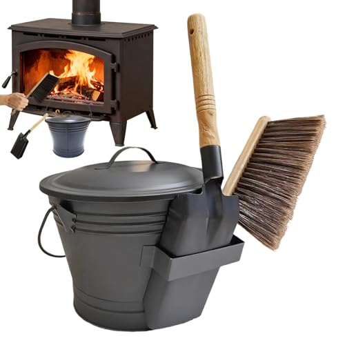 Cubo De Cenizas con Tapa - Cubo Metálico,Lata para Cenizas De Interior con Tapa Pala Y Escoba | Destinado A Chimenea Aire Libre Dentro De Casa Terraza Estufa De Leña Foso De Fuego Fiesta