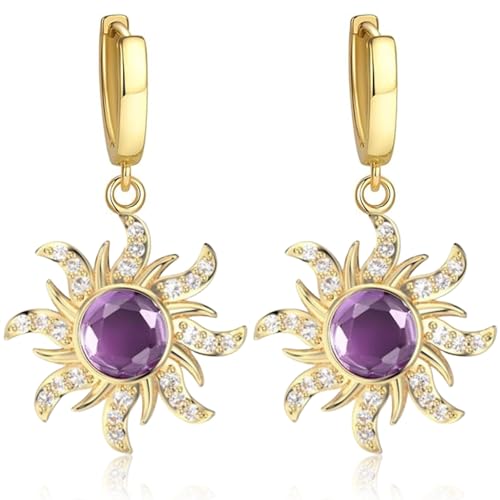 Spinning Sun Earring Princess Inspired Purple Earrings with Cubic Zirconia Sundrop Hoop Earrings Dangle Jewelry for Women Birthday Christmas Cosplay Gift