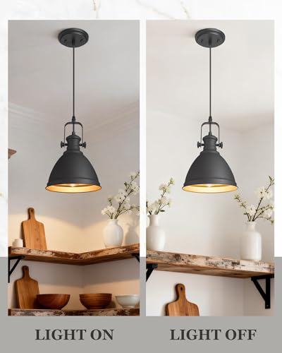 Image of 2-Pack Black Pendant Lights Kitchen Island, 8 inch Metal Shade | Industrial Hanging Light Fixture for Entryway Bar, Black and Gold Metal Shade, Adjustable Height, E26 Base, AD-2151-2PM-BK