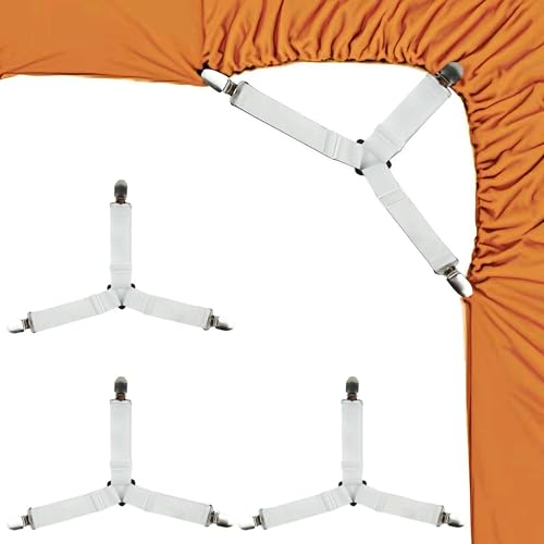 LKbeuuu 4PCS Bed Sheet Straps with Metal Clips, Adjustable Elastic Fitted Sheet Holders for Corners, Keep Bedding Wrinkle-Free, Easy to Install Durable Fasteners, Mattresses (White)