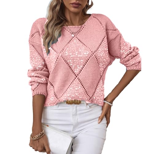 Hollow Sequins Sweater for Women Argyle Sweater Fall Winter Knit Sweatshirt O Neck Long Sleeves Loose Pullover Women Tops