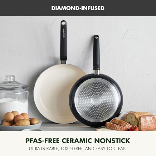 Image of GreenPan Rio Advanced 10 inch and 12 inch Frying Pan Skillet Set, Ceramic Nonstick PFAS-Free Pans, Induction Ready, Dishwasher and Oven Safe, Black
