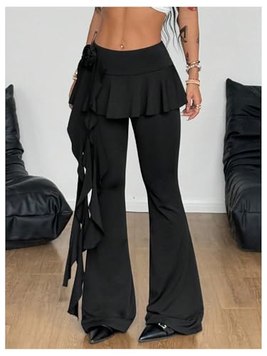 Verdusa Women's Ruffle Bell Bottom Pants Y2k Flare Pants with Strap4