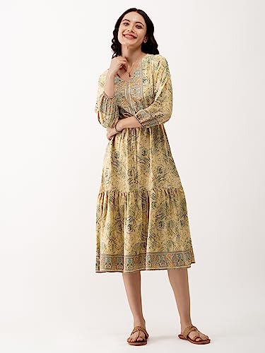 Image of AASK Abstract Printed Puff Sleeve Gathered Detailed Fit Flare Dress