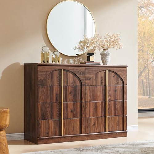 ACCOHOHO Large Dresser for Bedroom with 8 Drawers with Arched Panel,Modern Minimalist Chest of Drawers with Gold Handles,Wood Storage Closet Dressers Tv Stand for Living Room, Hallway,Brown