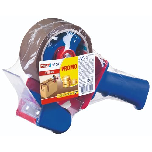 tesa tesapack Strong und Handabroller im Set mit 1 Rolle geräuscharmem Paketklebeband - Braun - 66 m x 50 mm