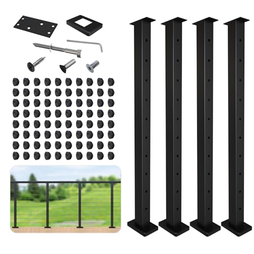 Level Drilled Cable Railing Post 36 (35X2x2) Stainless Steel Black Square Deck Railing Post Flat Bracket Pre-Drilled Level Holes Railing Post for Horizontal Cable System Surface Mount Posts(4P)