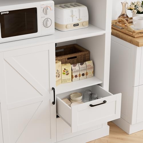 HOSTACK-76-Tall-Farmhouse-Kitchen-Pantry-Cabinet-Kitchen-Hutch-Bar-Cabinet-with-Drawers-Shelves-Large-Wood-Storage-Cabinet-with-Barn-Doors-Microwave-Stand-Cupboard-for-Dining-Room-White HOSTACK 76 Tall Farmhouse Kitchen Pantry Cabinet Kitchen Hutch Bar Cabinet with Drawers Shelves Large Wood Storage Cabinet with Barn Doors Microwave Stand Cupboard for Dining Room White