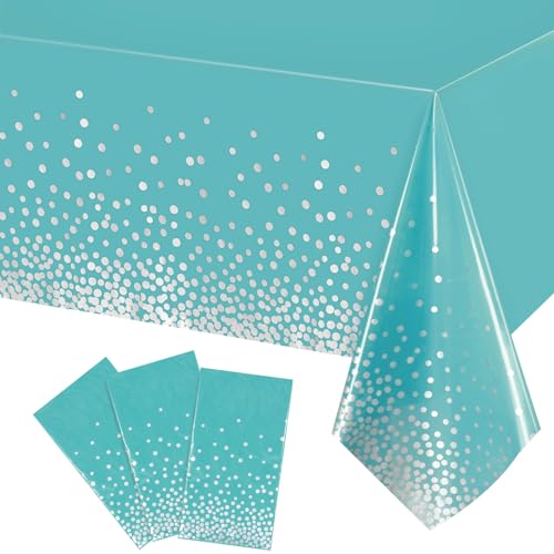 Breling 3 Pcs Teal Blue and Silver Dot Tablecloth Plastic Confetti Rectangle Disposable Table Cover for Birthday Wedding Baby Shower Engagement Anniversary Bachelorette Party, 54 x 108 Inch