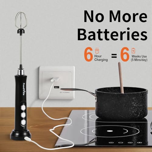 MF09 3 in 1 Rechargeable Milk Frother Handheld Foam Maker with Charging Stand & 3 Stainless Steel Whisks (Black without Case)