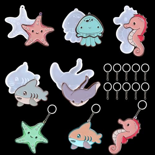 Zayookey 5 Pièces Porte-clés Moule de Résine, Animaux Marins Moules en Silicone, Keychain Resin Mold Pendentif Résine Époxy Forme avec Trou avec 10 Porte-Clés pour DIY Bricolage Ornements Bijoux