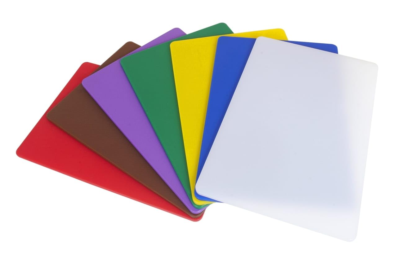BAKI Professionelles Kunststoff-Schneidebrett-Set, 7-teilig, farbkodiert, 450 mm x 300 mm, mit und ohne Gestell (mit Gestell)