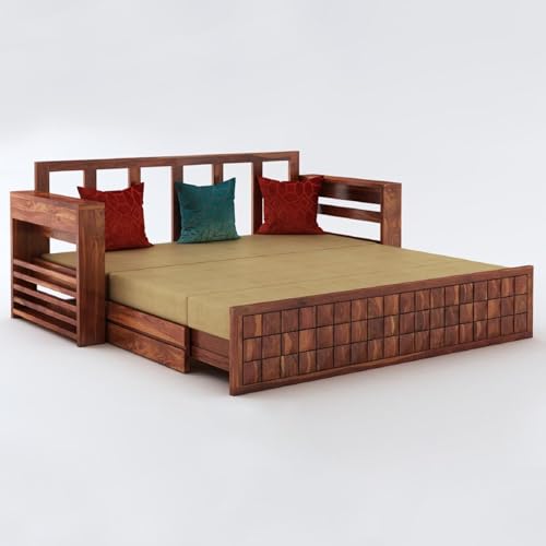 Image of Wooden Sofa Cum Bed for Living Room | Solid Sheesham Wood Convertible 3 Seater Diwan Sofa Bed with Pull-Out Storage Armrest | Folding Double Bed for Home, Guest Room & Office | Honey Finish