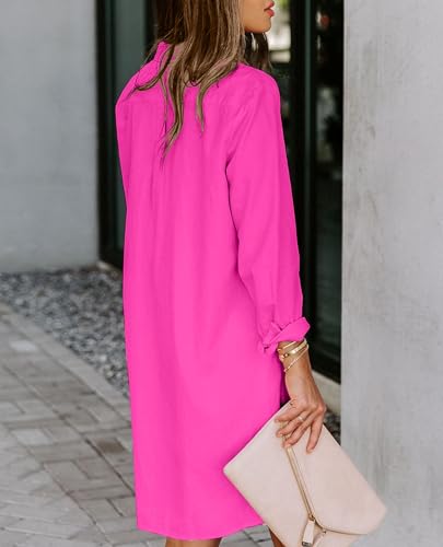 Image of Aoudery Womens Button Down Shirt Dresses with Pockets Cotton Button Up Tunics Long Sleeve Solid High Low Blouse Tops