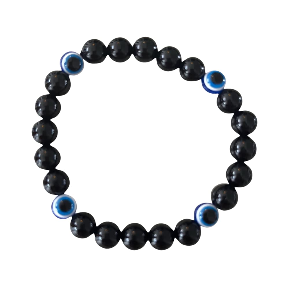 VIE Evil Eye Beaded Stretch Bracelet, Black Obsidian