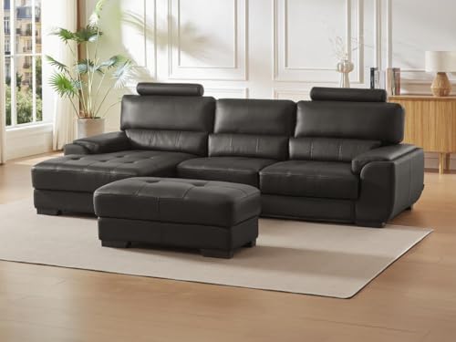 Vente-unique - Canapé d'angle et Pouf en Cuir Metropolitan II - Noir - Angle Gauche