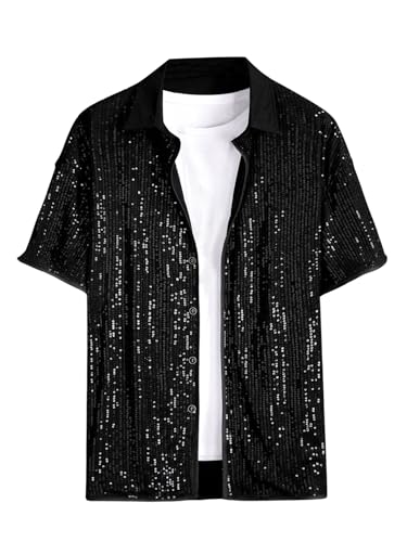OYOANGLE Men's Sequin Shiny Button Down Shirt Short Sleeve Collared Shirts Party Holiday Tops
