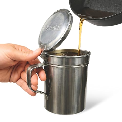 CHEFZOCO Grasera de Carne, Aceiteras para Aceite Usado, Recipiente Aceite con Filtro Metálico, Apto para Aceite Caliente, Conserva el Aceite sin impurezas, Capacidad 550 ml, Acero Inoxidable