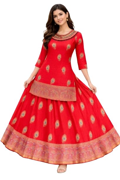 Image of Women's Red Kurti with Skirt Set, Peacock Feather Print, Embellished Neckline, Ethnic Wear