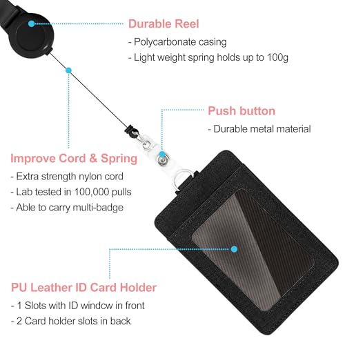 Image of Conisy ID Badge Holder with Retractable Lanyard, Vertical PU Leather ID Badge Card Holder with 2 Card Slots for Women Men (ID Badge Holder Black)