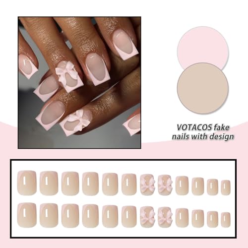 VOTACOS Nude Pink French Tip Press on Nails Short Square Acrylic Fake Nails Press Ons with Glue 24PCS Nude Glue on Nail with Design Cute 3D Bow Stick on False Nail for Women and Girls — view 5