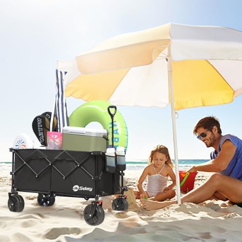 Sekey XXL Plus Bollerwagen Faltbar mit Bremsen 200L 200KG Belastbar, Extra Breite Reifen All Terrain Bollerwagen, Patentiert Zusammenfaltbar aus Vier Richtungen, XXL-PlusB 4011, Schwarz