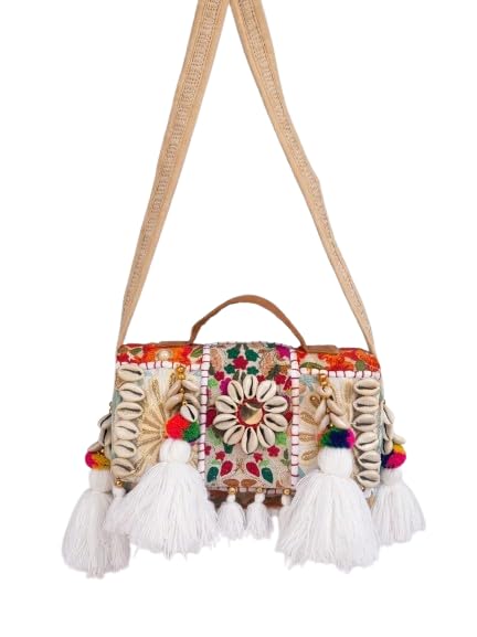 Handmade Embroidered Boho Purse for Women with Tassels & Shell Work | Ethnic Sling Bag | Stylish Handmade Shoulder Handbag (Multicolor & multi design)-image-12