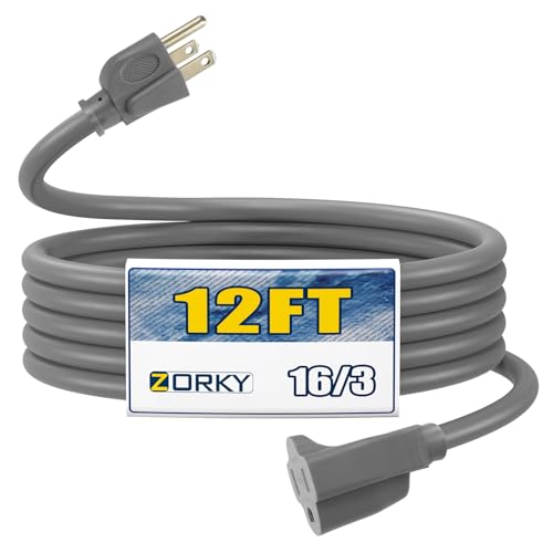 Image of 12ft Outdoor Extension Cord for Christmas Decorations - 16 /3 Heavy Duty SJTW Waterproof Gray Electrical Cable with 3 Prong Grounded Plug for Safety, Great for Lawn and Major Appliances