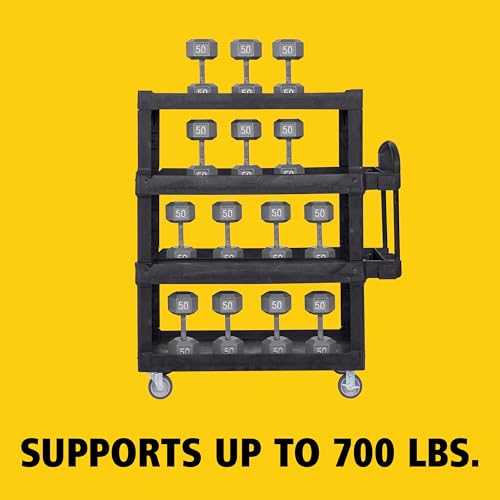 Image of New Rubbermaid Commercial Products 4-Shelf Utility /Service Quad Cart, Heavy Duty Large, Lipped Shelf, Ergonomic Handle, 700 lbs. Capacity, for Warehouse /Garage /Cleaning /Manufacturing (2128657) Black