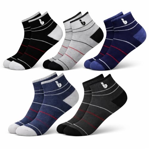 Image of Men's Ankle Length Socks, Lightweight Non-Terry, Multicolour Striped Pattern, Cotton Blend, Free Size, 5 Pair Pack