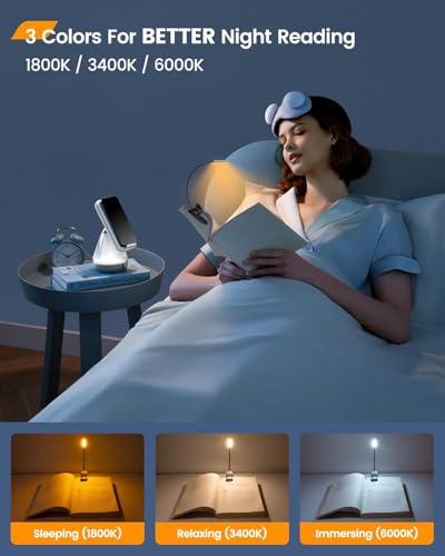 Glocusent Luz de leitura Willow para leitura na cama, luz de leitura brilhante de 10 LEDs, 3 cores e