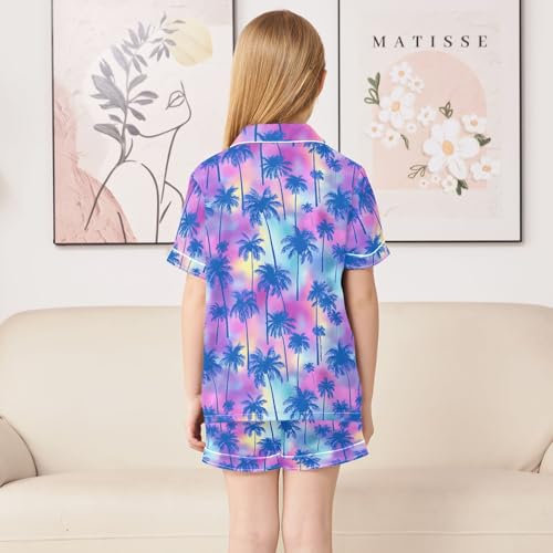 Colorful Blue Palm Tree Pattern Summer Satin Pajama Set, Cute Button-Down Sleepwear Pj Set for Sleep Wears4