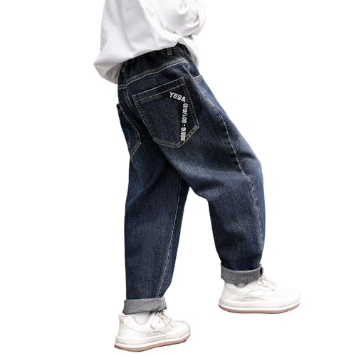 Boys Baggy Jeans, Dark Wash Denim Trousers, Loose Fit Kids Pants with Back Pocket Lettering & Cuffed Bottoms3