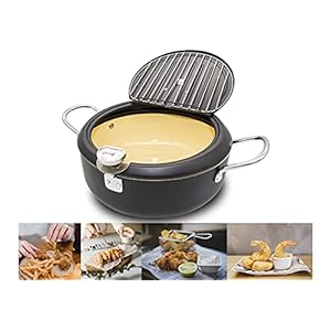 Japanese Deep Fryer Pot with Fahrenheit Thermometer 3.5L- Nonstick Coating Fryer, Fried Tempura/Chicken/Fish/Shrimp/Meat Ball, Black 10inch