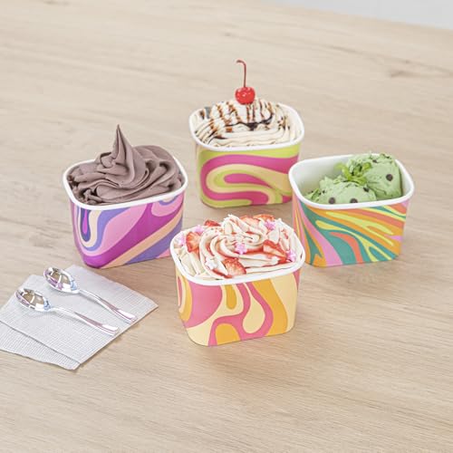 Image of Restaurantware Paper Cups 200 Count 12 Ounce Square Disposable Ice Cream Containers, Leak-Resistant Paper Dessert To Go Cups, Hot And Cold Food, Durable Assorted Groovy Design