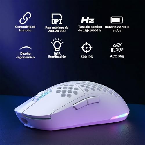 Miniatura 2 de Dierya X Tmkb M1 Ratón De Juego Inalámbrico, Sensor Óptico 24 000 Dpi, Ligero 90g, 6 Botones Programables, Iluminación Rgb, Autonomía 180h, 2.4ghz Bluetooth Usb-C Ratón Gamer, Blanco