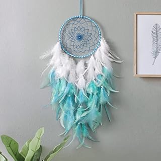LOMOHOO Blue and White Feathers Dream Catcher Kids Wall Hanging Traditional Handmade Dream Catcher Circular Net Boho Wall Art for Bedroom Dorm Room Home Decor Gifts