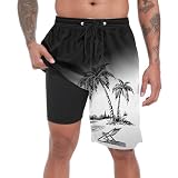 Mens Swim Trunks with Compression Liner, Black White Beach Palm Men Bathing Suit Swimming Trunks 9 inch inseam Board Shorts Men's Swimwear...