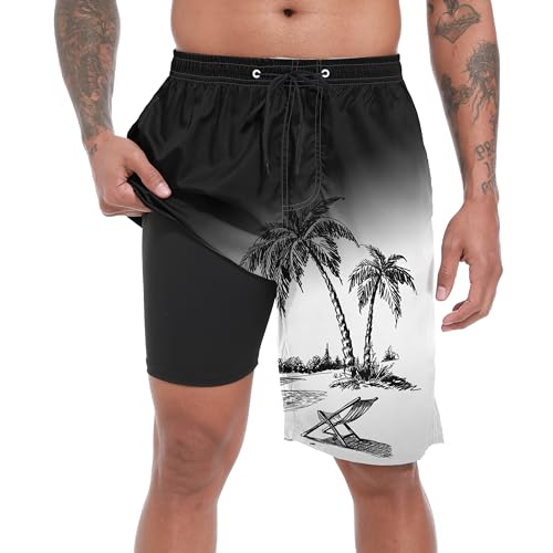 FT FENTENG Herren-Badehose mit Kompressionsfutter, 22,9 cm, Boardshorts, 2-in-1, schnell trocknend, Strand-Bademode, Badeanzüge für Herren, Black Beach Palm-C, L