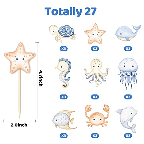 27 Pieces Ocean Animal Blue Cupcake Topper Cake Picks Under The Sea Birthday Decoration For Boys Baby Shower Birthday Party Favors, Mermaid Theme Gender Reveal Party Cake Table (Blue) #TOP1
