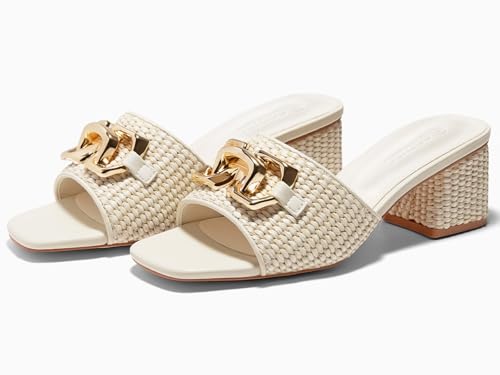 Image of Coutgo Womens Raffia Slide Sandals Chunky Block Heeled Square Open Toe Metal Chain Slip on Mules Dressy Shoes