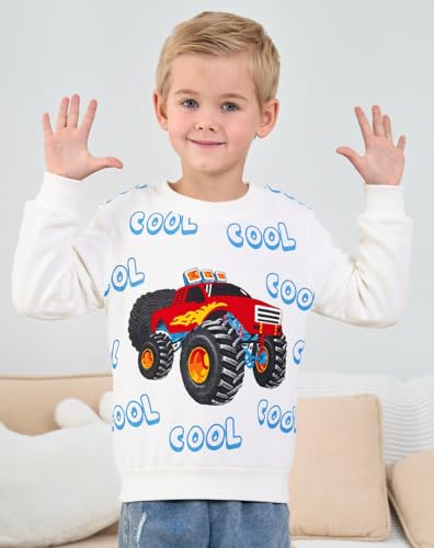 Image of Akyzic Toddler Boys Sweatshirts Cotton Crewneck Truck Shirt Dinosaur Long Sleeve Pullover Tops Tees 2-8T