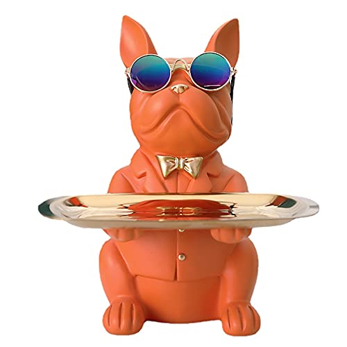Résine Bouledogue Plateau De Rangement De Bureau Statue Coin Tirelire Stockage Sculpture Animale Décoration De Table Multifonction Bureau Décor À La Maison Coin Tirelire Stockage (Orange)