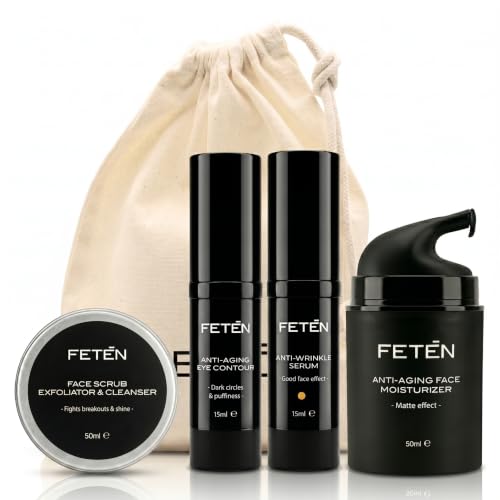 FETEN Set 360 Cuidado Facial Hombre - Pack Regalo Hombre 4 en 1 con Exfoliante, Sérum Antiarrugas con Vitamina C, Crema Hidratante y Contorno de Ojos Antiojeras