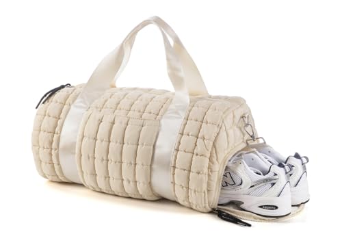 Quilted Duffel Gym Bag for Men and Women Carry On Travel Sport Weekender Bag, Off White
