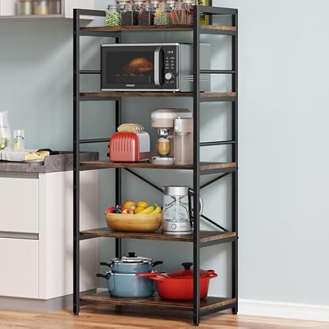 Denkee 5-Tier Bakers Rack for Kitchen with Storage, Industrial Microwave Stand Oven Shelf, Free Standing Kitchen Storage Shelf Rack (23.62 L x 15.75 W x 60.24 H, Rustic Brown) Cover